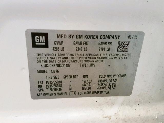 KL4CJDSB7GB721182 - 2016 BUICK ENCORE PRE WHITE photo 10