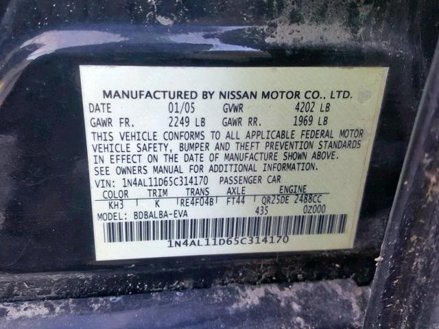 1N4AL11D65C314170 - 2005 NISSAN ALTIMA S 黑色 照片 10