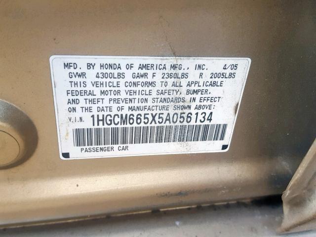 1HGCM665X5A056134 - 2005 HONDA ACCORD EX GOLD photo 10