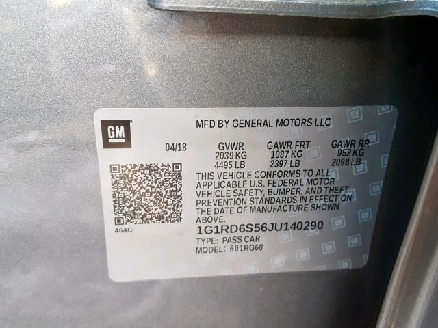 1G1RD6S56JU140290 - 2018 CHEVROLET VOLT PREMI GRAY photo 10