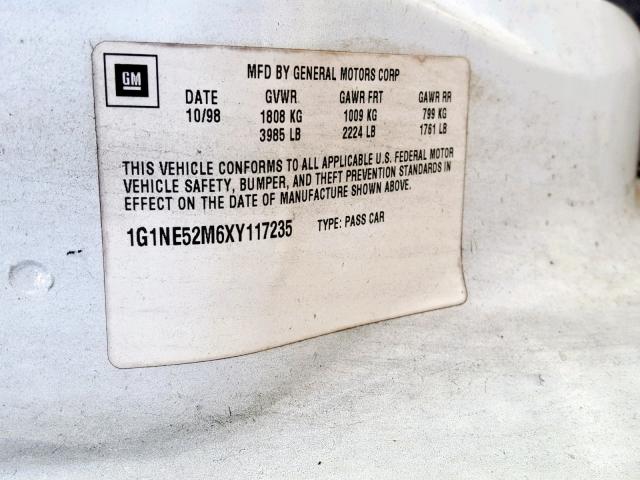 1G1NE52M6XY117235 - 1999 CHEVROLET MALIBU LS თეთრი ფოტო 10