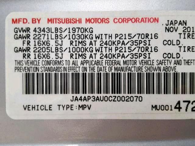 JA4AP3AU0CZ002070 - 2012 MITSUBISHI OUTLANDER SILVER photo 10