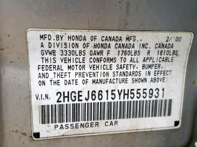 2HGEJ6615YH555931 - 2000 HONDA CIVIC BASE Gümüş foto 10