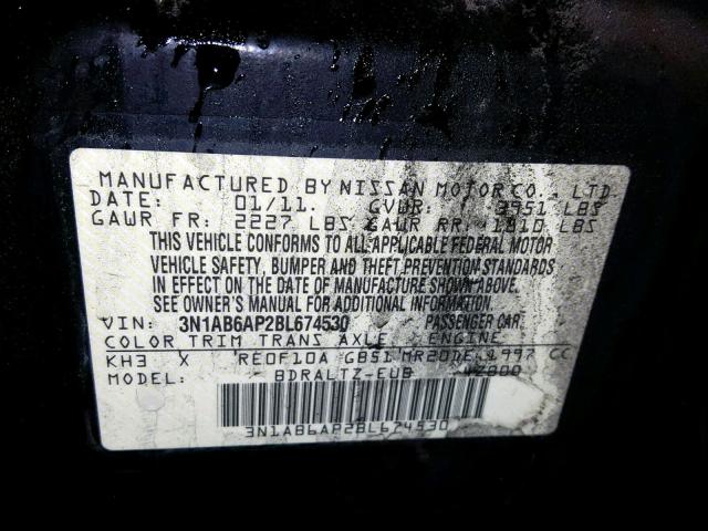 3N1AB6AP2BL674530 - 2011 NISSAN SENTRA 2.0 BLACK photo 10