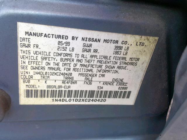 1N4DL01D2XC240420 - 1999 NISSAN ALTIMA XE BLUE photo 10