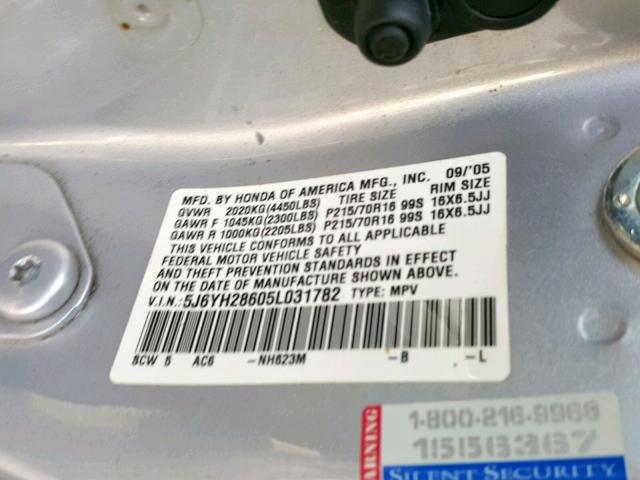 5J6YH28605L031782 - 2005 HONDA ELEMENT EX SILVER photo 10