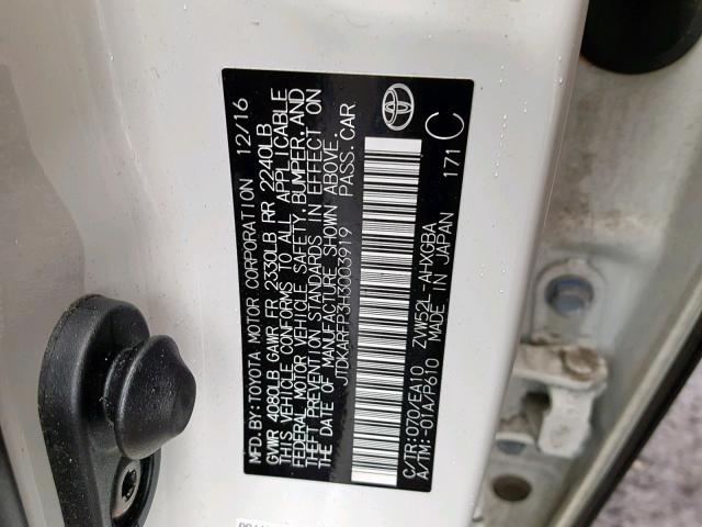 JTDKARFP3H3003919 - 2017 TOYOTA PRIUS PRIM თეთრი ფოტო 10