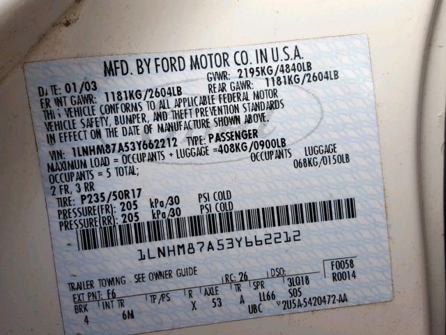 1LNHM87A53Y662212 - 2003 LINCOLN LS WHITE photo 10