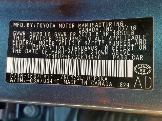 2T1BURHE2GC631446 - 2016 TOYOTA COROLLA L BLUE photo 10