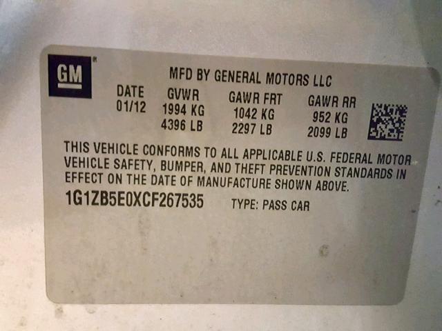 1G1ZB5E0XCF267535 - 2012 CHEVROLET MALIBU LS SILVER photo 10