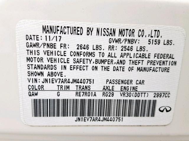 JN1EV7AR4JM440751 - 2018 INFINITI Q50 LUXE WHITE photo 10