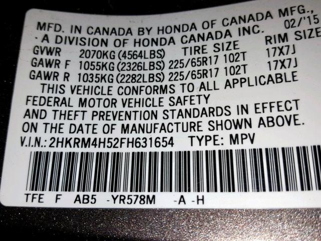 2HKRM4H52FH631654 - 2015 HONDA CR-V EX GRAY photo 10