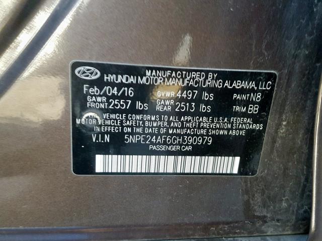 5NPE24AF6GH390979 - 2016 HYUNDAI SONATA SE GRAY photo 10