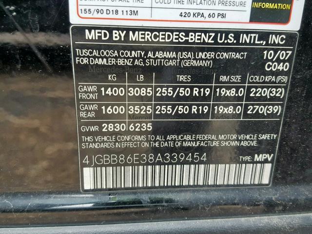 4JGBB86E38A339454 - 2008 MERCEDES-BENZ ML 350 BLACK photo 10