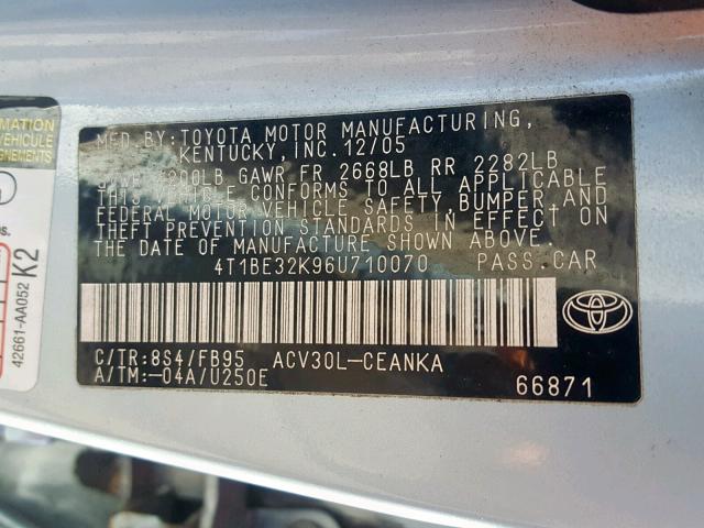 4T1BE32K96U710070 - 2006 TOYOTA CAMRY LE BLUE photo 10