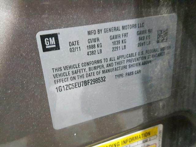 1G1ZC5EU7BF298532 - 2011 CHEVROLET MALIBU 1LT BEIGE photo 10
