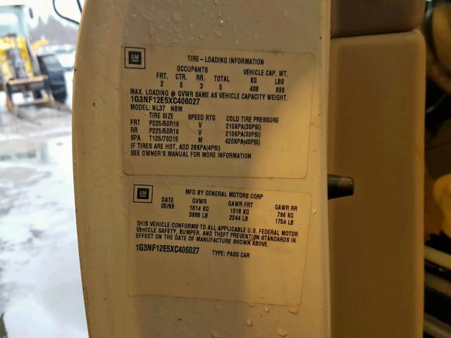 1G3NF12E5XC406027 - 1999 OLDSMOBILE ALERO GLS 白色 照片 10