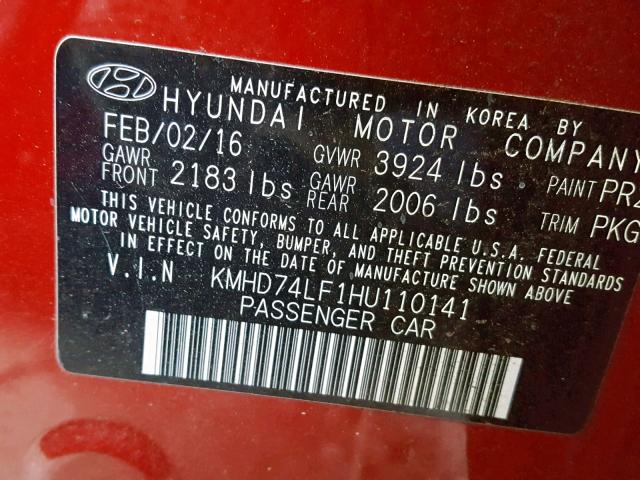 KMHD74LF1HU110141 - 2017 HYUNDAI ELANTRA SE RED photo 10