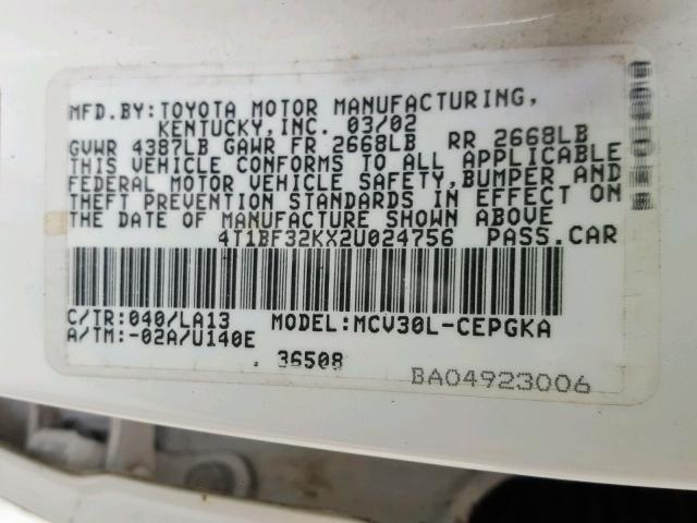 4T1BF32KX2U024756 - 2002 TOYOTA CAMRY LE WHITE photo 10