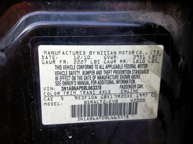 3N1AB6AP0BL663378 - 2011 NISSAN SENTRA 2.0 BLACK photo 10