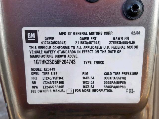 1GTHK23D56F204743 - 2006 GMC SIERRA K25 TAN photo 10