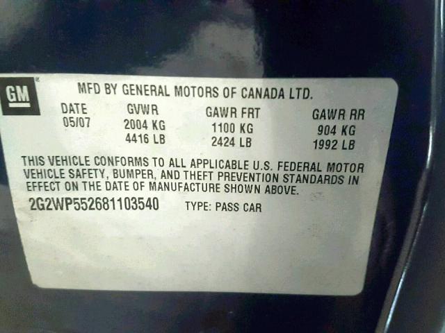 2G2WP552681103540 - 2008 PONTIAC GRAND PRIX BLUE photo 10