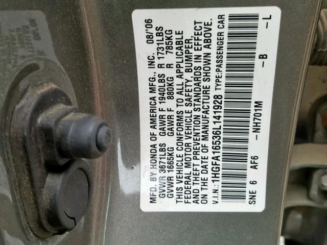 1HGFA16536L141928 - 2006 HONDA CIVIC LX GRAY photo 10