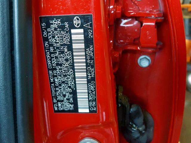 JTDKDTB30F1100303 - 2015 TOYOTA PRIUS C RED photo 10