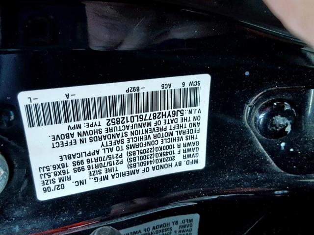 5J6YH28776L012852 - 2006 HONDA ELEMENT EX BLACK photo 10