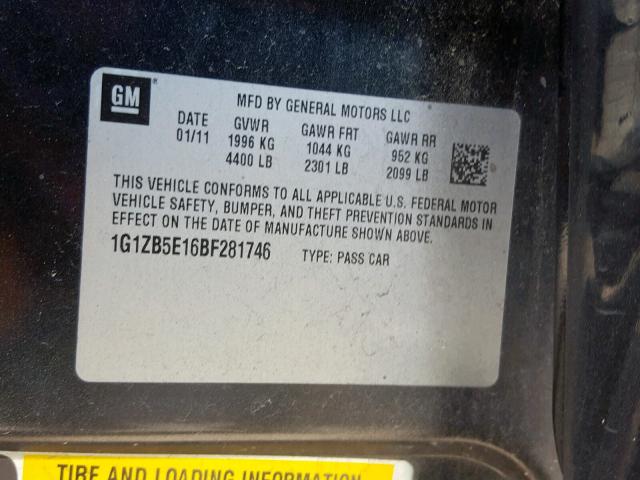 1G1ZB5E16BF281746 - 2011 CHEVROLET MALIBU LS BLACK photo 10