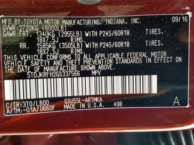 5TDJKRFH2GS337566 - 2016 TOYOTA HIGHLANDER მუქწითელი ფოტო 10