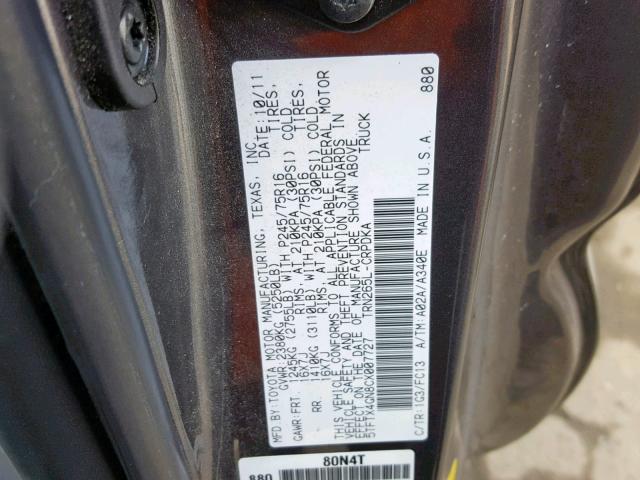 5TFTX4GN8CX007727 - 2012 TOYOTA TACOMA PRE GRAY photo 10