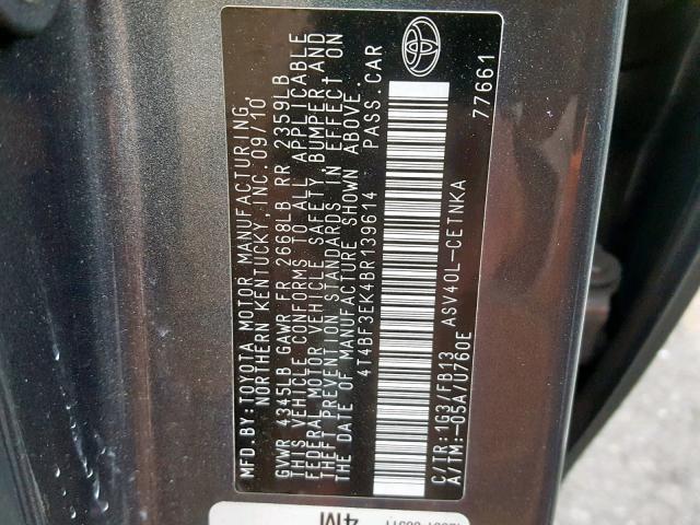 4T4BF3EK4BR139614 - 2011 TOYOTA CAMRY BASE GRAY photo 10