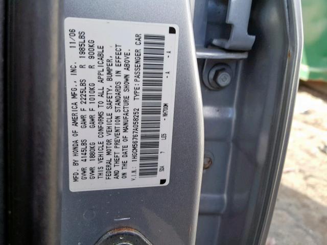 1HGCM56767A058252 - 2007 HONDA ACCORD EX SILVER photo 10