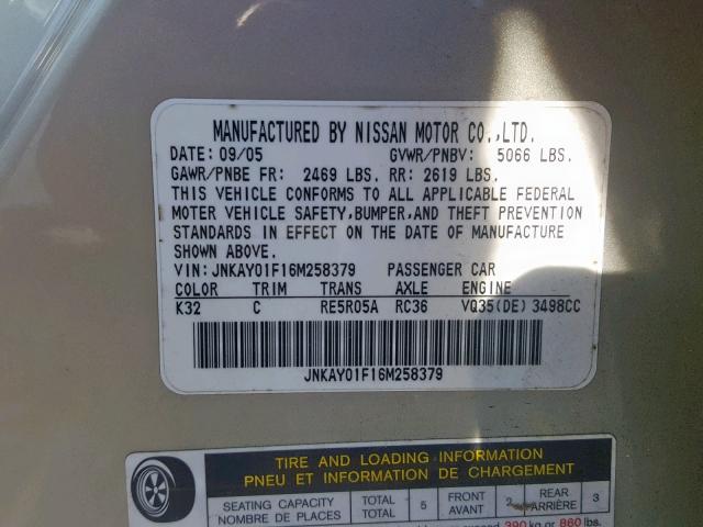 JNKAY01F16M258379 - 2006 INFINITI M35 BASE TAN photo 10