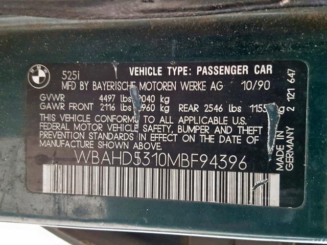 WBAHD5310MBF94396 - 1991 BMW 525 I GREEN photo 10