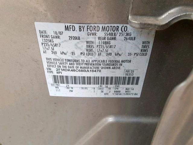 2FMDK48C68BA16470 - 2008 FORD EDGE SEL SILVER photo 10