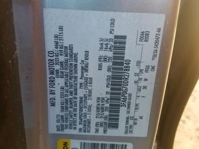 3FA6P0G70DR278840 - 2013 FORD FUSION S SILVER photo 10