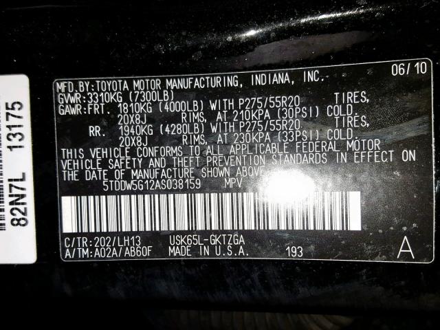 5TDDW5G12AS038159 - 2010 TOYOTA SEQUOIA PL BLACK photo 10