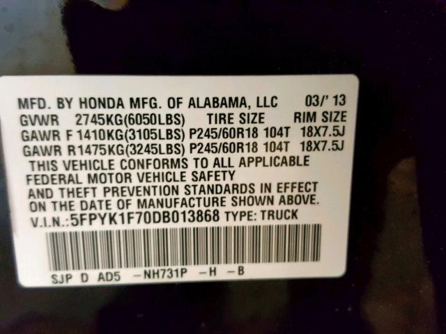 5FPYK1F70DB013868 - 2013 HONDA RIDGELINE BLACK photo 10