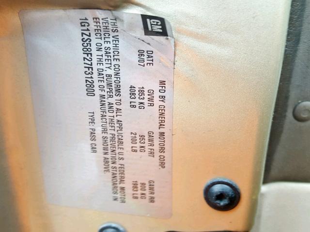 1G1ZS58F27F312800 - 2007 CHEVROLET MALIBU LS ოქროსფერი ფოტო 10