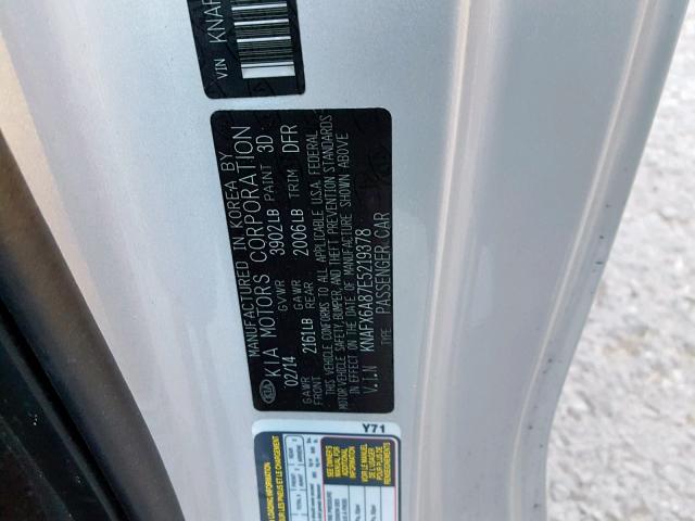 KNAFX6A87E5219378 - 2014 KIA FORTE EX SILVER photo 10