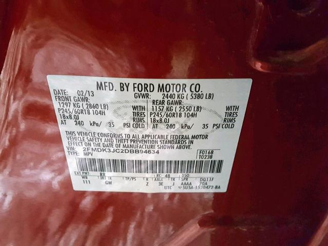 2FMDK3JC2DBB94634 - 2013 FORD EDGE SEL RED photo 10