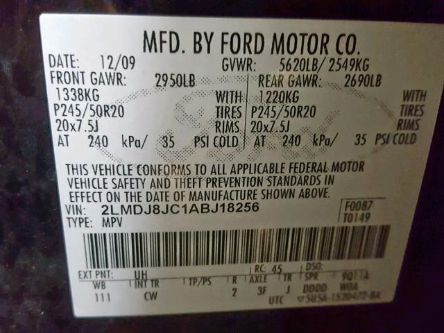 2LMDJ8JC1ABJ18256 - 2010 LINCOLN MKX BLACK photo 10