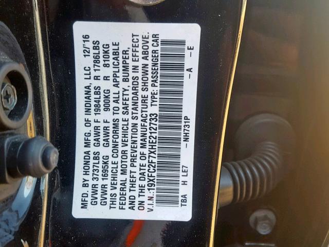 19XFC2F7XHE212733 - 2017 HONDA CIVIC EX BLACK photo 10