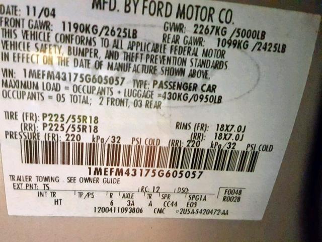 1MEFM43175G605057 - 2005 MERCURY MONTEGO PR SILVER photo 10