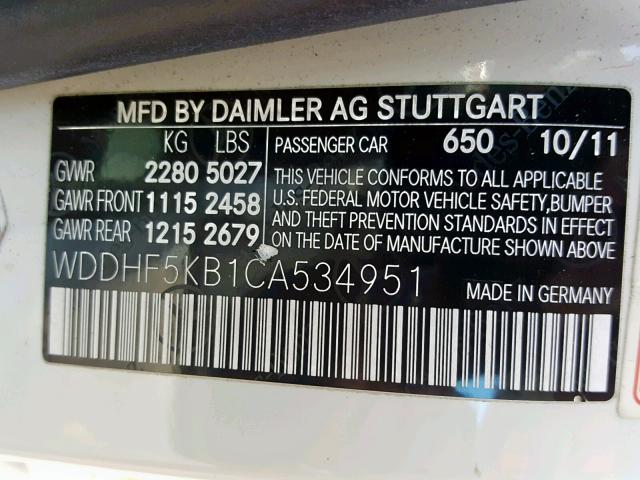 WDDHF5KB1CA534951 - 2012 MERCEDES-BENZ E 350 WHITE photo 10