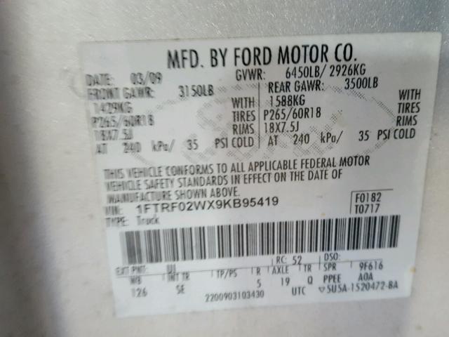 1FTRF02WX9KB95419 - 2009 FORD F150 GRAY photo 10