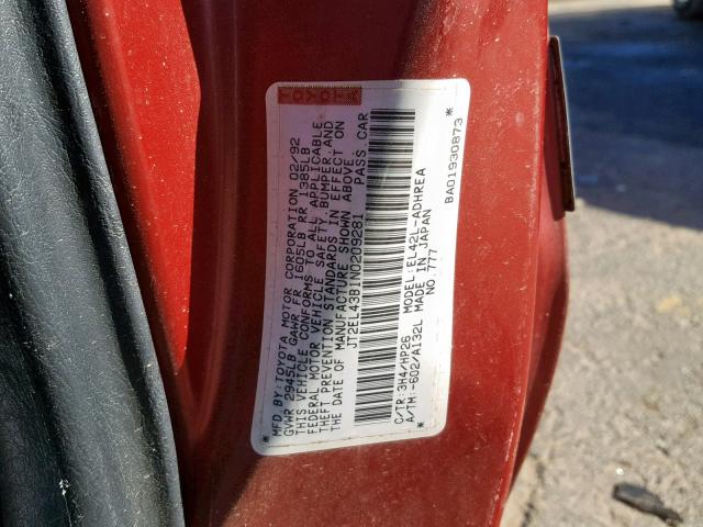 JT2EL43B1N0209281 - 1992 TOYOTA TERCEL DEL RED photo 10