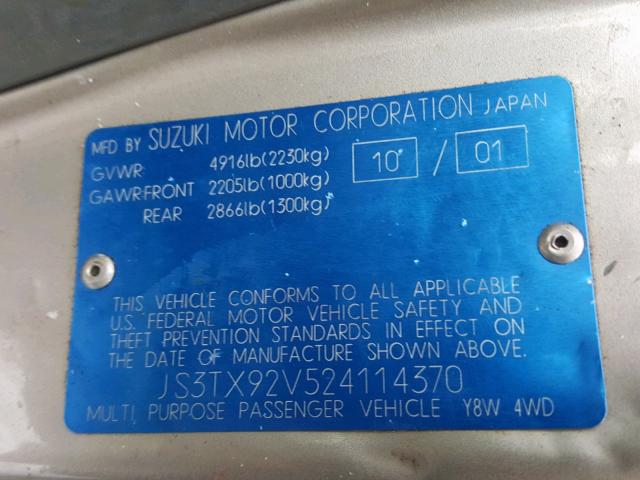 JS3TX92V524114370 - 2002 SUZUKI XL7 PLUS BEIGE photo 10